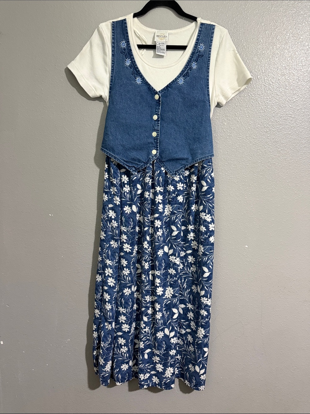 Y2K Vintage Blue Floral Midi Dress with Denim Vest embroidered and Tee
